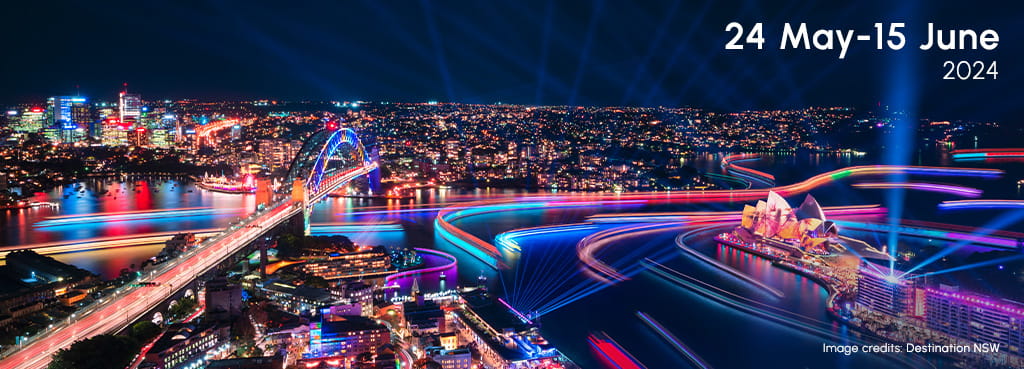 The Harbour Bridge, Opera House, Sydney Harbour and the city skyline during the annual Vivid Sydney.