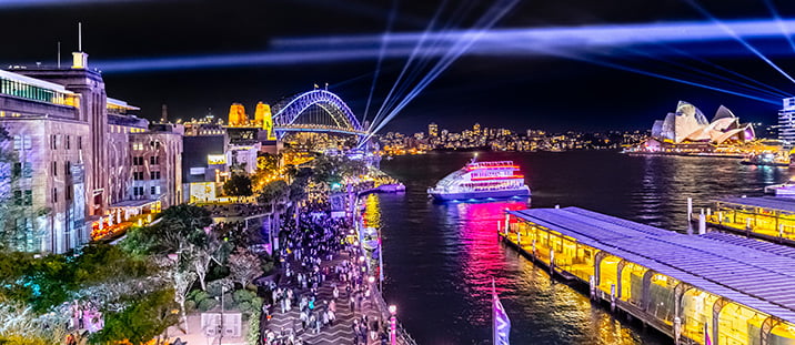The harbour foreshore bustling with revellers during the annual Vivid Sydney.